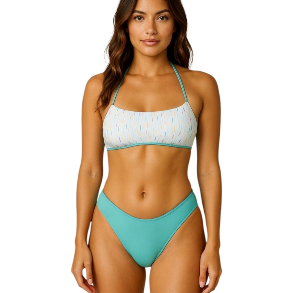 NWT L'PORT Reversible Bikini Set Large Teal White Confetti Tropical Swimsui